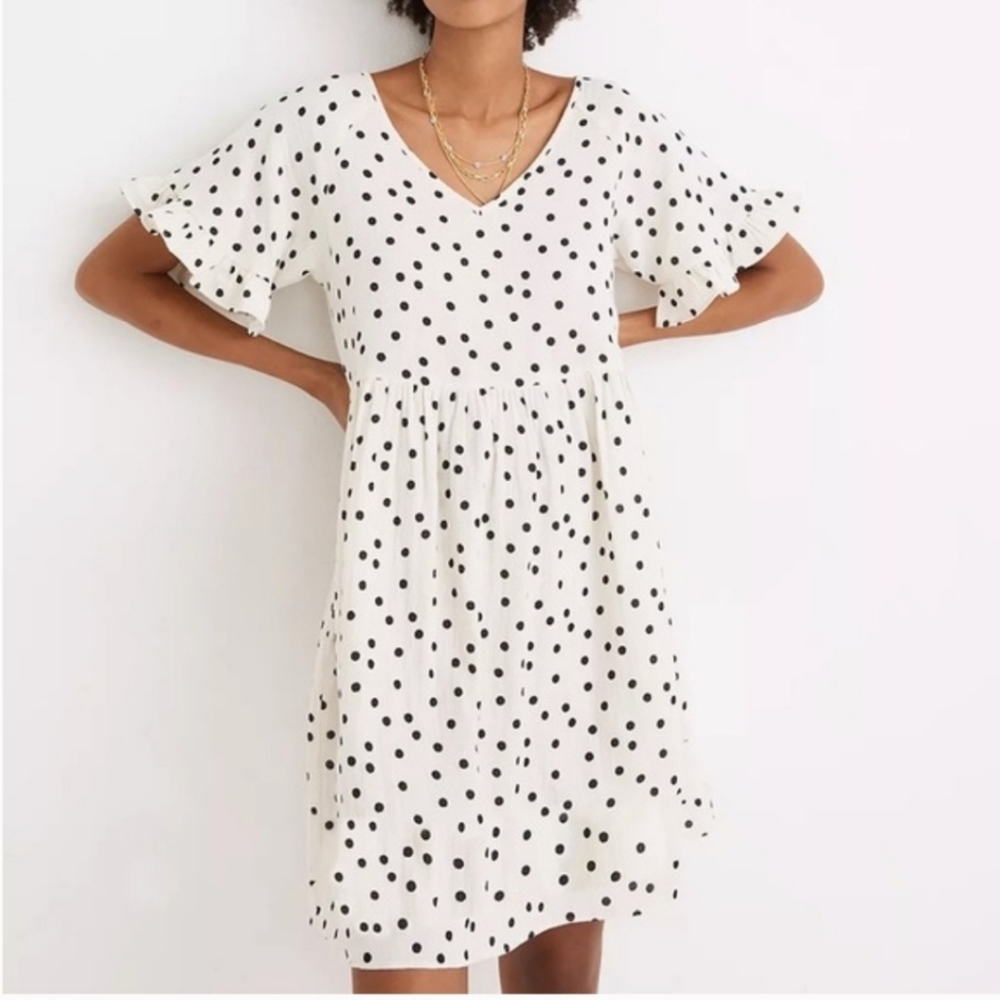 MADEWELL light spun polka dot v neck baby doll dress size small ruffle sleeves